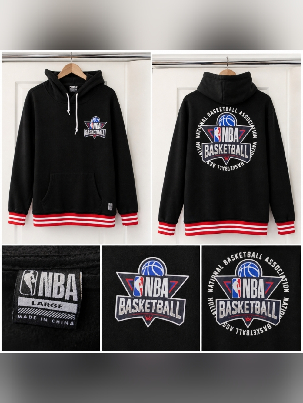 NBA Black Hoodie with Red and White Stripe Trim